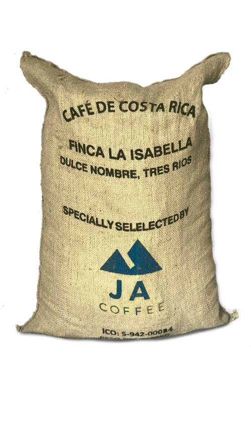 Sac de 69 kg de grains de café vert du Costa Rica provenant de la ferme La Isabella, lavés - Vente en gros.